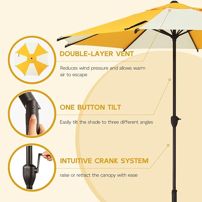 Abba Patio 9FT Lyon Outdoor Patio Umbrella Outdoor Table Umbrella with Crank Market Umbrella 8 Sturdy Ribs UV Protection Waterproof and Push Button Tilt for Garden Deck Backyard Pool,Yellow & Cream AbbaPatio