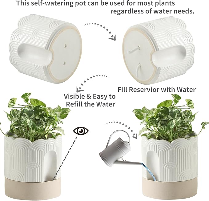 Nihow Self Watering Plant Pot for Indoor Plants : 6 Inch & 8 Inch Ceramic Planter with Drainage Hole & Water Storage - Relief Design Beige & Nature Flower Pot -Set of 2 Nihow