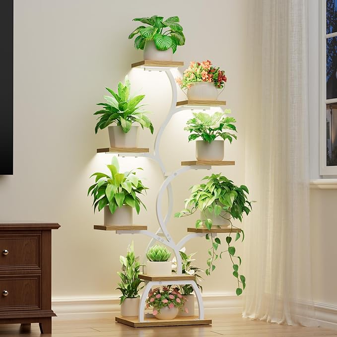 Plant Stand Indoor with Grow Light - 8 Tiered Plant Shelf Indoor, Corner Plant Stand, 49" Tall Plant Shelf with Lights for Indoor Growing, Lighted Flower Holder for Living Room, Balcony (White) EVAWOO