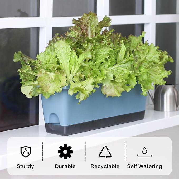 Window Box Planter 4 Packs, 17 Inches Rectangle Flower Pots with Drainage Holes & Trays, Pots for Vegetables, Herbs, Flowers, Garden Windowsill Balcony (Blue, 17 * 5.1 * 6 inch) Oliz