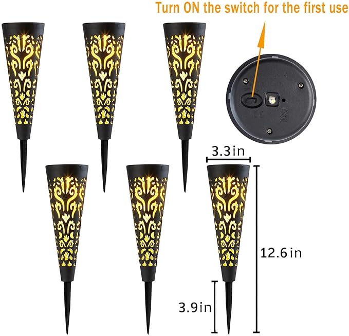 Go2garden 6Pcs Solar Lights Outdoor Garden Decor Gifts for Women Mom,Waterproof Conical Garden Stakes for Yard, Lawn, Pathway,Garden Lights Mothers' Day Birthday Gifts for Men(Black) Go2garden
