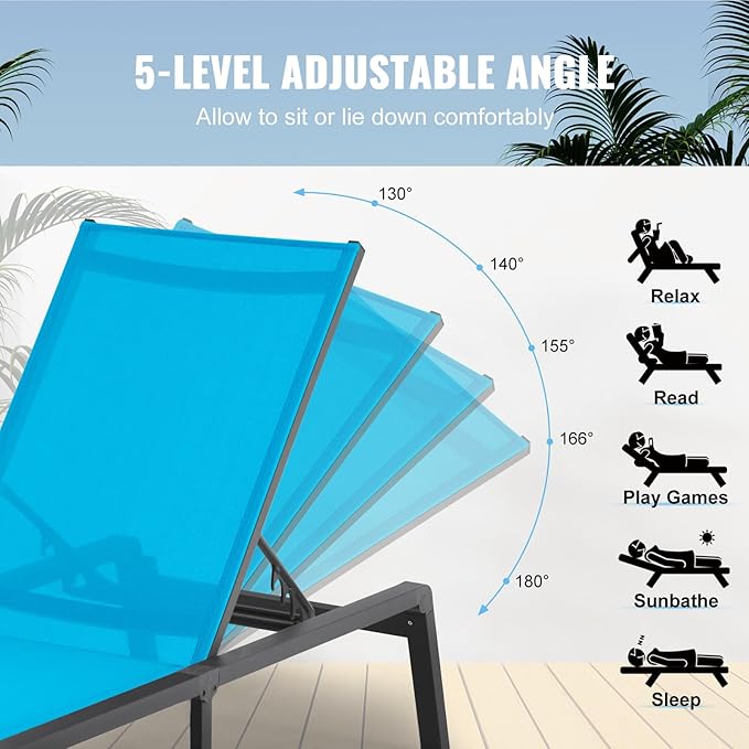 VEVOR Chaise Lounge Chairs Outdoor, Aluminum Patio Lounge Chairs with Adjustable 5-Position, Folding Pool Chair Recliner and Full Flat Tanning Chair for Patio, Beach, Pool, Blue VEVOR