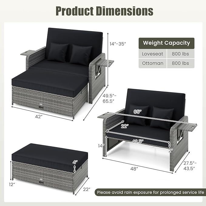 Tangkula Patio Rattan Daybed with 4-Level Adjustable Backrest, Outdoor PE Wicker Loveseat with Storage Ottoman & Folding Side Table, Double Sunbed for Balcony, Backyard & Poolside, Black & Grey TANGKULA