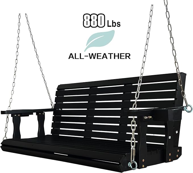 Wooden Porch Swing 3-Seater, High Backrest and Deep Seat, Bench Swing with Cupholders, Hanging Chains and 7mm Springs, Heavy Duty 880 LBS, for Outdoor Patio Garden (Carbon Black, 5 FT Extra Large) FortuneCandy