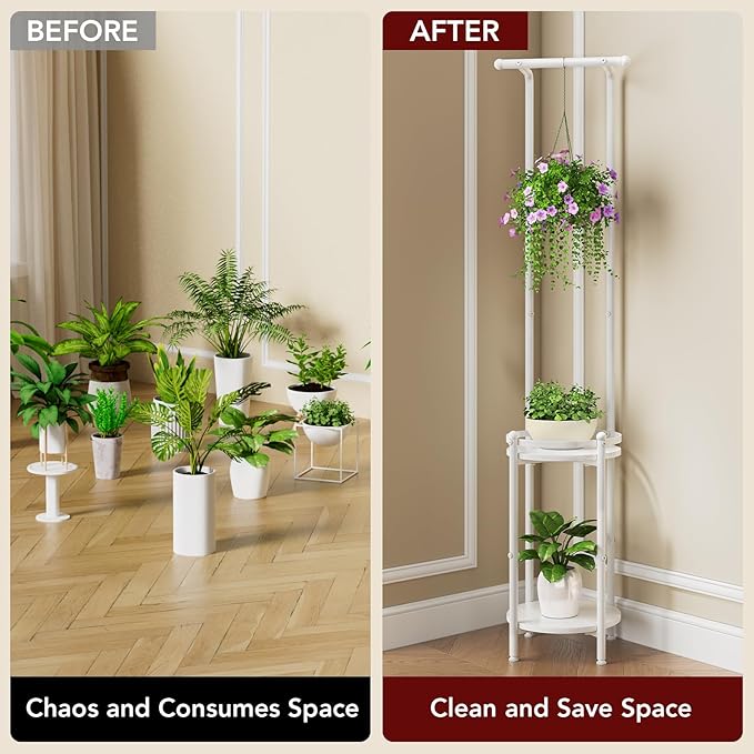 Plant Stand Indoor Outdoor - Heavy Duty Metal 2-tier Hanging Plant Holder Space-Saving Iron Plant Stands Tall Plant Shelf for Living Room Garden Balcony (White) Homsorout