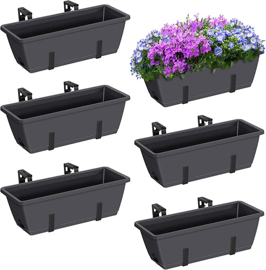 ETELI Deck Railing Planter Boxes 6 Pack Window Box with Brackets Adjustable Balcony Fence Planters Hanging Flower Boxes for Porch Patio Garden Outdoor, Grey & Black ETELI