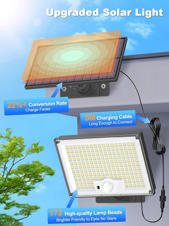 Solar Lights Outdoor Waterproof IP65, 172LED 9000K 3Modes Split Solar Motion Sensor Light Outdoor with Remote, Dusk to Dawn Solar Flood Lights outdoor for Yard,Patio,Garden,2 Pack (Warm White) Gusicil
