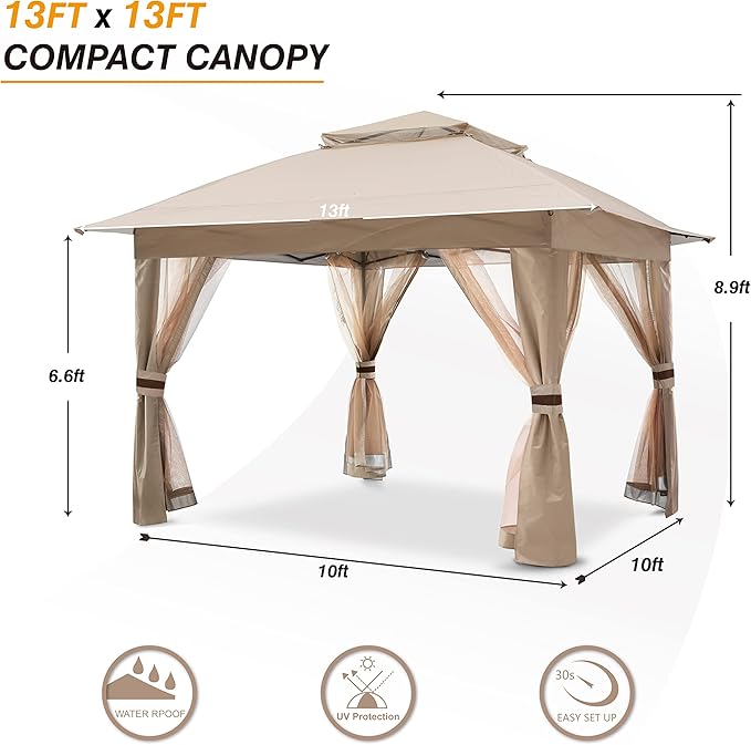 COOSHADE 13x13 Pop Up Gazebo Tent Outdoor Canopy Patio Shelter with Mosquito Netting(Khaki) COOSHADE