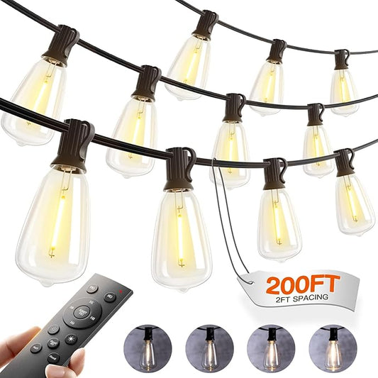 addlon 200FT(50FT*4) Outdoor String Lights with Remote,Waterproof Patio Lights with 108 Shatterproof Dimmable ST38 LED Bulbs Connectable Outdoor Lighting for Backyard Bistro Garden Bistro 2FT Spacing addlon