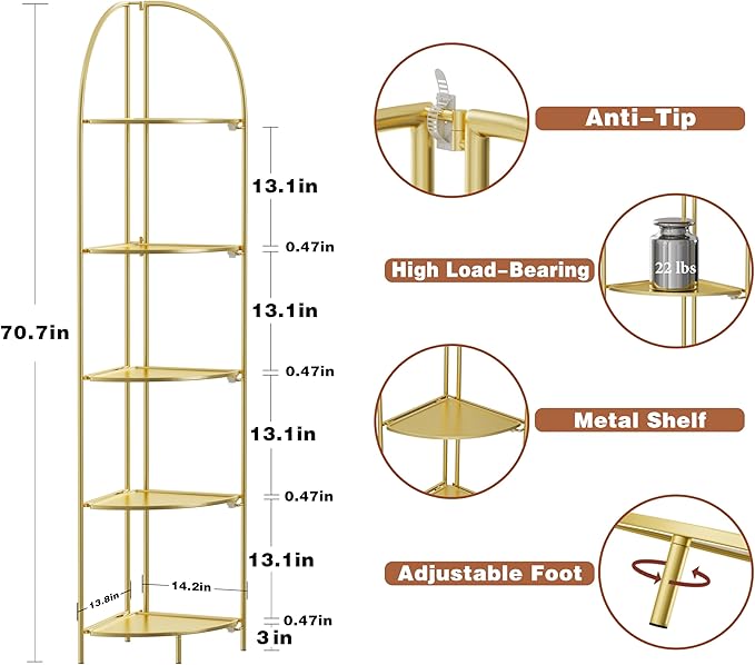 Crofy Foldable 5 Tier Corner Shelf, Metal Corner Plant Stand with Gold Frame and Gold Shelves, Corner Display Rack Multipurpose Shelving Unit for Living Room, Bedroom, Bathroom CrofyLLC