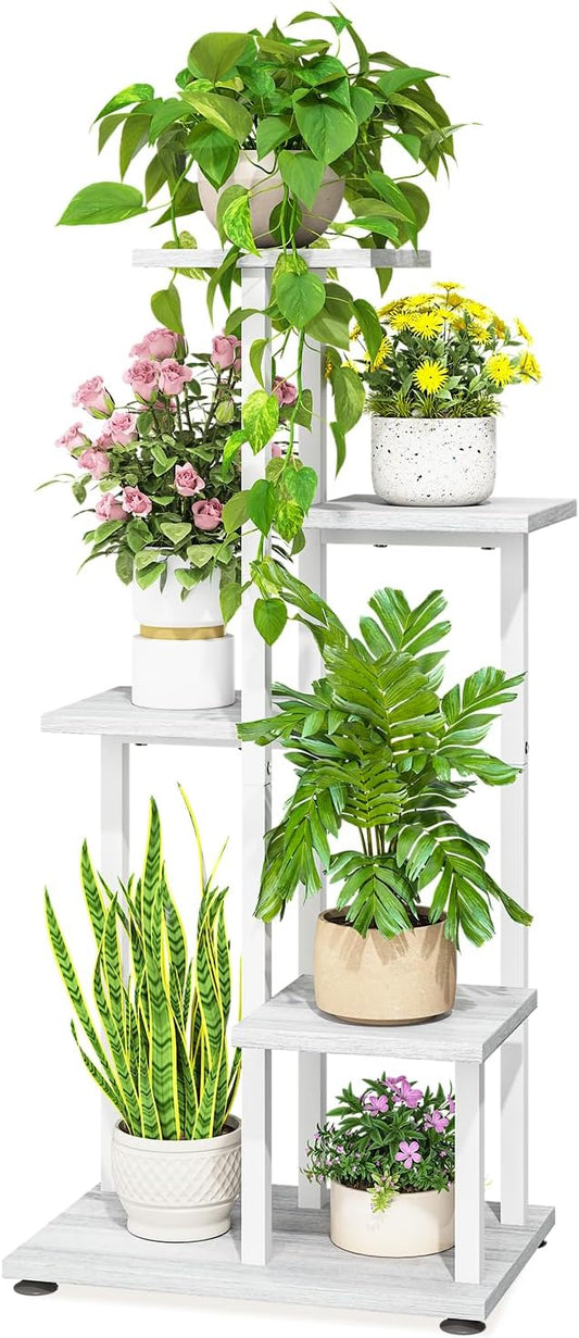 LASZOLA White 5 Tiered Wood Plant Stand Indoor for Large Heavy Duty Planter, Sturdy Multi Level Corner Vertical Flower Rack for Narrow House, Rustic Tall Orchid Shelving Holder for Decor, Space Saving LASZOLA