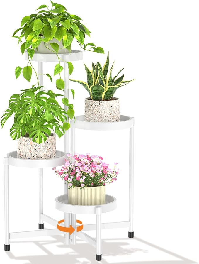 LASZOLA 4 Tiered Folding Plant Stand Indoor for Multiple Large Planter, Tall Heavy Duty Adjustable Rack with Rust Proof Plastic Shelving, Sturdy Vertical Tree Organizer for Narrow Inside Floor, White LASZOLA
