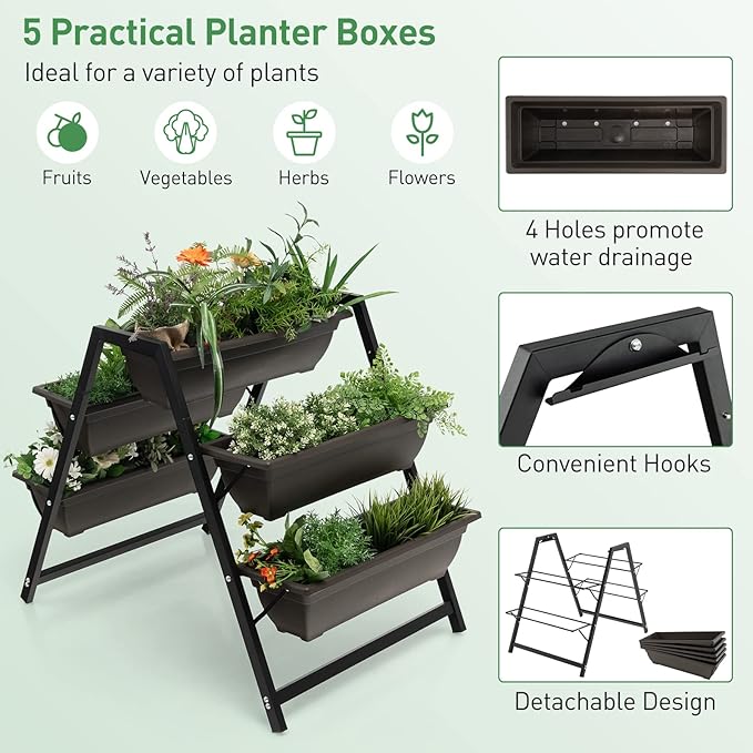 Giantex Set of 2 Vertical Raised Garden Bed, 5 Planter Boxes Container w/Drainage Holes, 31" H Freestanding Heavy-Duty Metal Frame, Indoor Outdoor Raised Bed for Vegetables Herbs Flowers to Grow Giantex