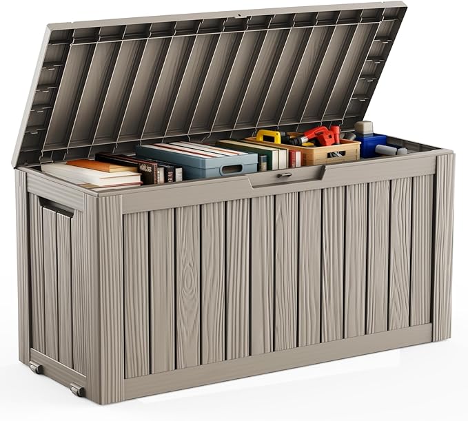 DRATO 75 Gallon Deck Box, Waterproof Resin Large Outdoor Storgae Box for Patio Furniture, Patio Cushions, Gardening Tools, Pool Supplies, Lockable（Gray，75 Gallon） DRATOprovidesawarmandcozy