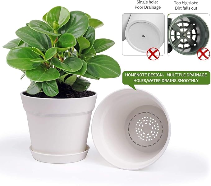homenote Pots for Plants, 8 Pcs 7.5 Inch Plastic Planters with Multiple Drainage Holes and Tray - Plant Pots for All Home Garden Flowers Succulents, Cream White HOMENOTE