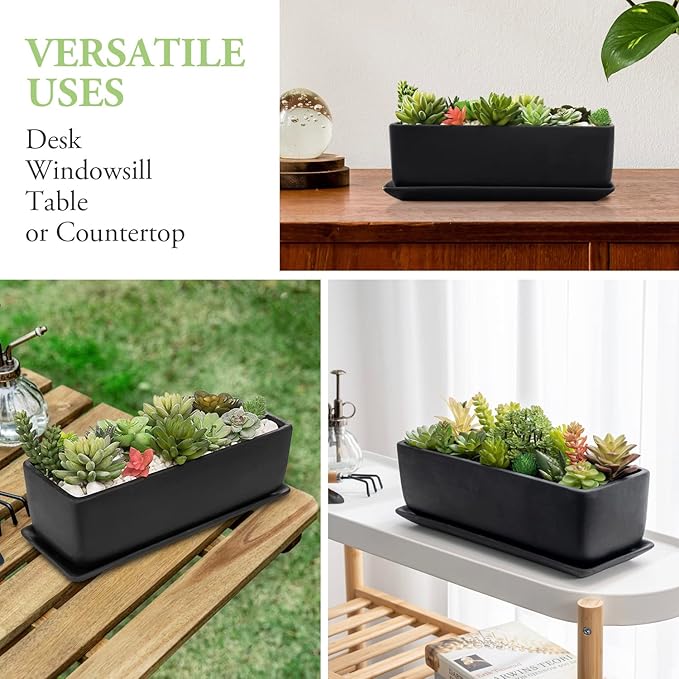 MyGift 14 Inch Ceramic Indoor Plant Pot, Rectangular Succulent Planter, Decorative Flower Planter with Drainage Hole and Removable Tray, Matte Black MyGiftHome
