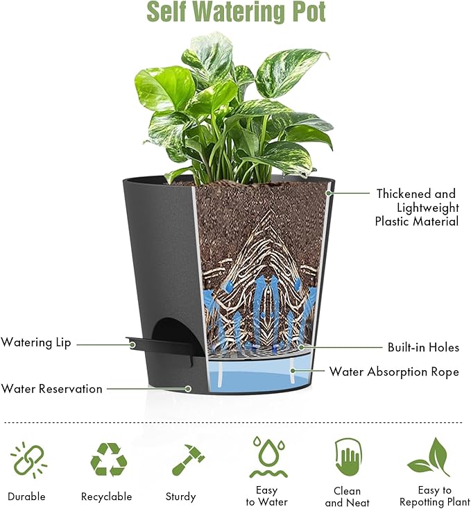 4 inch Self Watering Pots for Indoor Outdoor Plants, 6 Pack Plastic Flower Planters with Drainage Holes and Removable Saucers, Plant Pots with Wicking Rope, Modern Decor, Black WSMKSZ