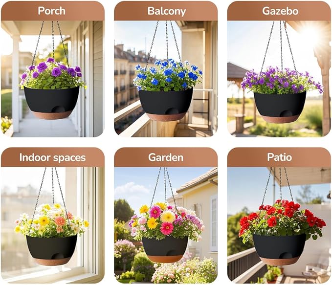 Set of 2-12 Inch Hanging Planter, Self-Watering Hanging Planters for Indoor Plants & Outdoor, Plant Hanger Indoor, Hanging Plant Pot with Drainage (Black) LesOasis