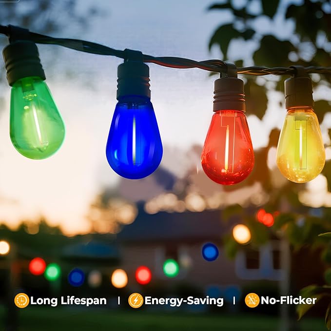 24 Pack S14 Colored LED String Light Bulbs, 1W Plastic Shatterproof Replacement Bulbs for Outdoor Patio Backyard Lights, E26 Medium Base, Warm White 2200K, Dimmable, Red/Green/Blue/Orange GvvooHome