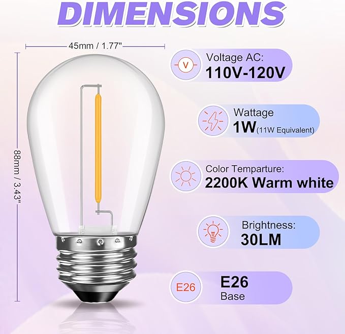 28 Pack S14 Bulbs for Outdoor String Lights, Shatterproof LED Replacement Bulbs for Patio String Lights Outdoor Waterproof, E26 Base, Soft White 2200K, Dimmable GvvooHome