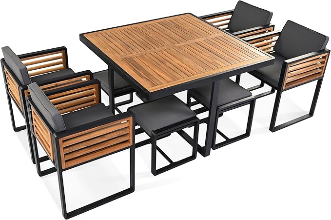 Merax 9 Pieces Outdoor Dining Set for 8 People, Acacia Wood Patio Furniture Sets with 1 Square Table, 4 Cushioned Chairs and 4 Ottomans for Backyard, Garden, Lawn, Poolside, Space Saving Design, Gray Merax