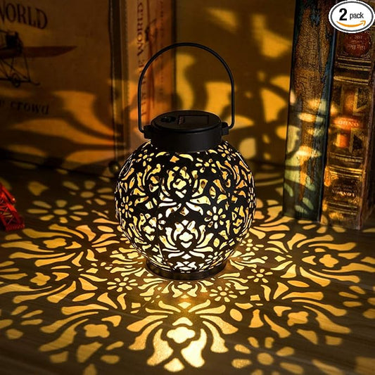 2 Pack Outdoor Solar Hanging Lantern Lights Metal LED Decorative Lamp for Garden Patio Courtyard Lawn and Table with Hollowed-Out Design (Bronze) ExcMark