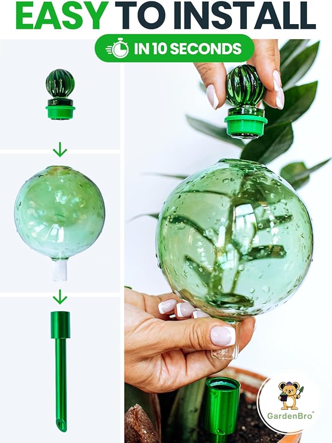 16 Oz Plant Watering Globes for Indoor Plants with Metal Self Watering Planter Insert - Premium XL Glass Hand-Blown Globe - Automatic Plant Waterer Indoor, Gift Idea for Gardeners [1 Globe, Green] GARDENBRO