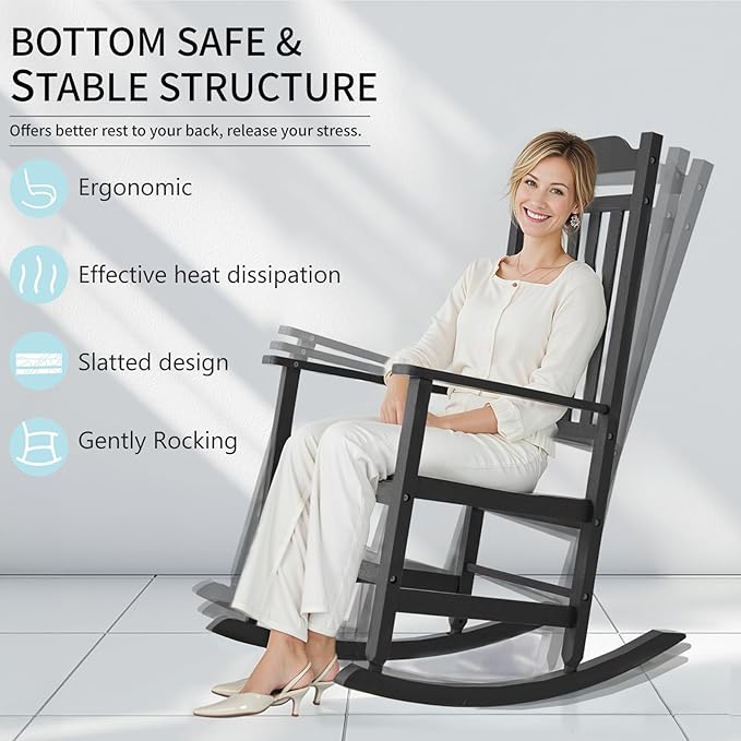 Patio Rocking Chair Outdoor Set of 4,Weather Resistant Poly Resin Oversized Porch Rocker,High Back Smooth Design,350lb Weight Capacity,Indoor Outdoor Use(4, Black) GYMHILL