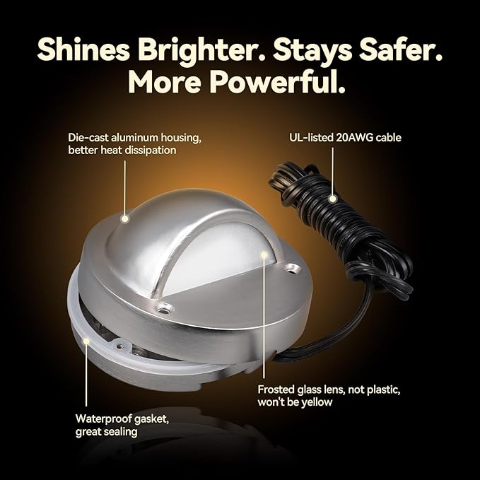 LEONLITE 12-Pack Update 5CCT LED Low Voltage Deck Lights, 180LM 3.5inch Landscape Step Railing Fence Light, 12-24V AC/DC, CRI90, Die-cast Aluminum Housing & Frosted Glass Lens, UL Cord, Satin Nickel LEONLITE