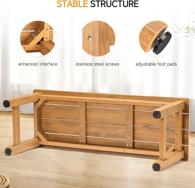 ONBRILL Outdoor Benches Weatherproof, 2-Person Poly Lumber Garden Bench, All-Weather Patio Bench Will not Rot and Fade for Garden, Porch, Backyard and Park, Easy Installation, Teak ONBRILL