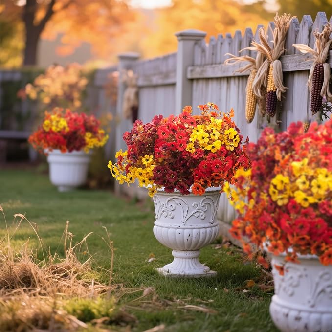 20 Bundles UV Resistant Artificial Fall Flowers for Outdoor - No Maintenance Thanksgiving Decor with Orange Blooms, Faux Silk & Plastic Plants for Porch, Yard (Fall Coffee Mix) Grunyia