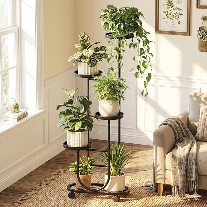 Bamworld Tall Plant Stand Indoor Outdoor Plant Stand with Wheels Heavy Duty Metal Plant Shelf for Multiple Plants Flower Stands for Patio Corner Garden Living Room Balcony, Black Bamworld