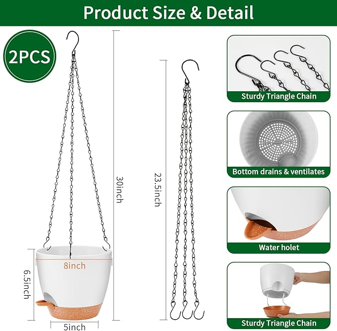 GARDIFE hanging planter, 8 inch hanging planters for indoor. outdoor plants , Self watering plant pot, 2 Pack Large self watering hanging planter (8-White, 8 inch) GARDIFE