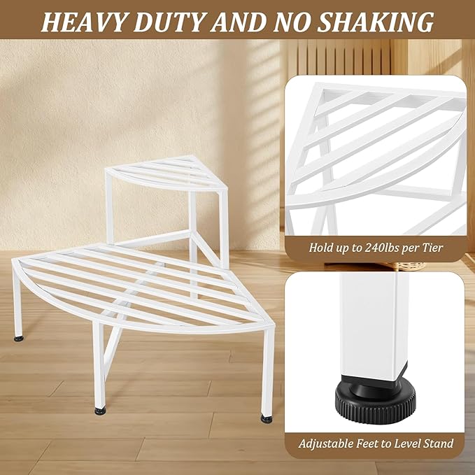 Corner Plant Stand Outdoor Metal,2 Tier Heavy Duty Ladder Plant Shelf Indoor for Multiple Plants,37.08" L x 22.83" W x 20.07" H,White Dipion