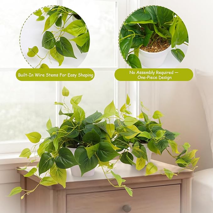 alyptus Fake Pothos Hanging Plants – Set of 2 Faux Ivy Vines Realistic Silk Devil’s Ivy for Indoor Décor, Low Maintenance Artificial Greenery for Home Bathroom or Office - Green with White Pots ALYPTUS