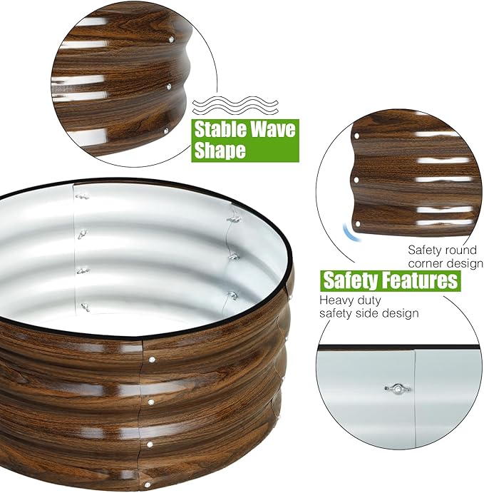 SnugNiture 2x2x1ft Round Galvanized Raised Garden Bed Kit Outdoor, Metal Planter Box for Planting Plants Vegetables, Brown snugniture