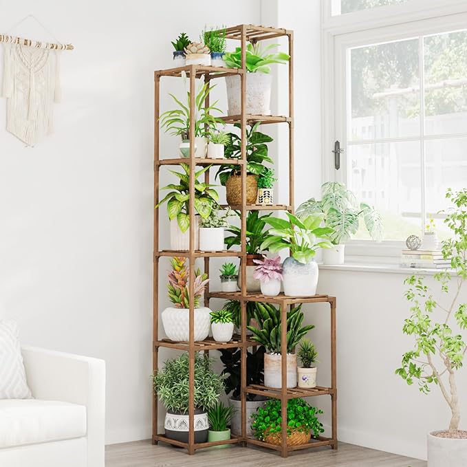 Bamworld 72" Tall Plant Shelf Indoor Outdoor Corner Plant Stand Large Plant Table Wood Plant Holder for 10 Pots Multiple Plants Patio Balcony Garden Office Home Decor Bamworld