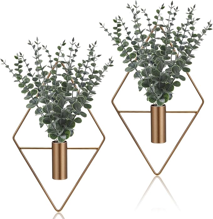 Jexine 8 Pcs Hanging Planters with Artificial Eucalyptus Metal Hanging Vase Indoor Plants Holder Modern Geometric Boho Bathroom Wall Decor for Living Room Home Office (Eucalyptus,Bronze) Jexine