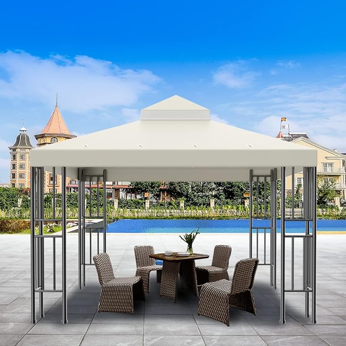 Sumfaller 10x10 FT Gazebo Replacement Canopy Top Cover Double Tiered Canopy Top Cover for Patio Garden Outdoor BBQ Roof Cover Grill Shelter (Beige) Rootora
