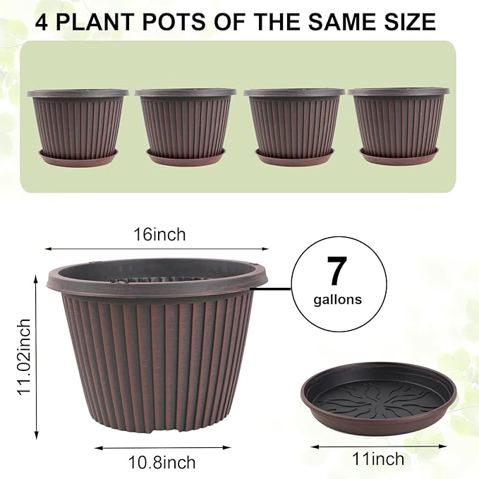 Large-Planter-Indoor-Outdoor Plant Pots, 16 inch 4 Pack Plastic Flower Pots with Saucer And Drainage Holes, Modern Garden Planters For Planting Medium Large Plants， Decorative Resin Garden Pots Myfeegoin