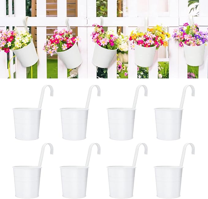 KINGLAKE Flower Pots,10 Pcs Metal Iron Hanging Flower Plant Pots Balcony Garden Plant Planter Baskets Fence Bucket Pot 4'' Flower Holders with Detachable Hook White KINGLAKE
