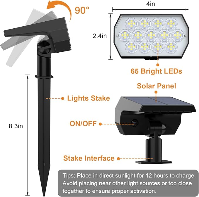 WELALO Solar Spot Lights Outdoor, [2 Pack/65 LED/3 Modes] Solar Landscape Spotlights, Solar Powered Security Lights, IP68 Waterproof Wall Lights for Outsides Walkway Yard Garden Driveway(Cool White) WELALO