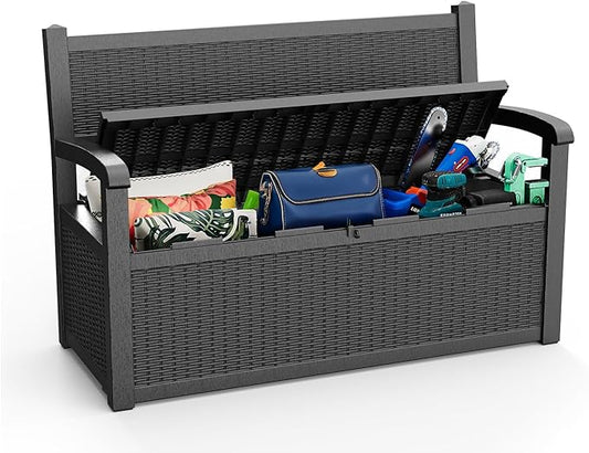 80 Gallon Outdoor Storage Bench Deck Box Waterproof Lockable,Outdoor Storage Furniture for Patio,Garden and Porch,Tools and Cushions（ Black） OutdoorLivingPerfected