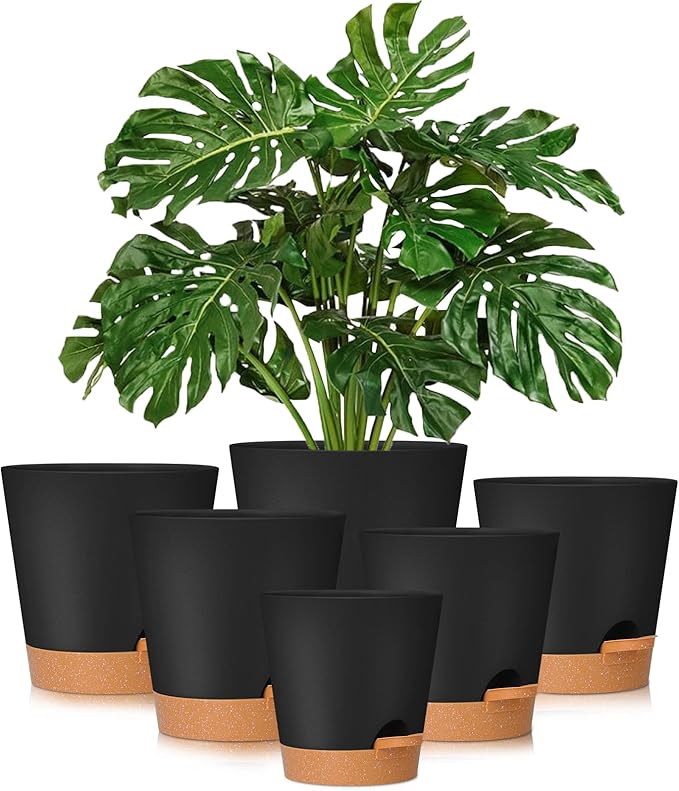 GARDIFE Plant Pots 8/7/6.5/6/5.5/5 Inch Self Watering Planters with Drainage Hole, Plastic Flower Pots, Nursery Planting Pot for All House Plants, African Violet, Flowers, and Cactus,Black GARDIFE