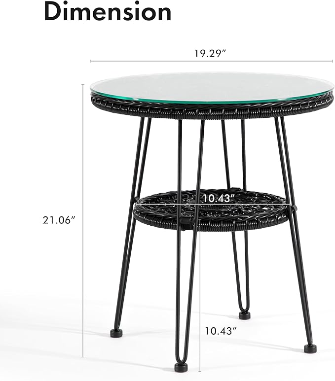 Furniture of America Ysar Boho 19-inch Round Coffee Table Outdoor with Tempered Glass Top and Metal Frame, Handcrafted Coastal Furniture for Patio, Poolside, Garden, Yard, Black FurnitureofAmerica