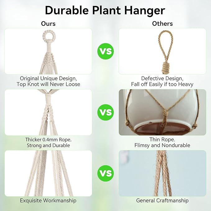 USLAI Macrame Plant Hanger Indoor Outdoor, Fits 4 to 8 Inch Pots, Strong Hanging Planter Holder, Boho Home Decor, 49+72 Inch, Ivory (POTS NOT Included) USLAI