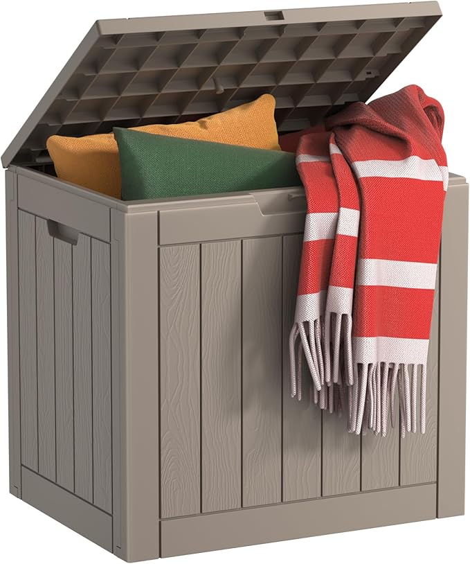 EasyUp 35 Gallon Resin Deck Box Waterproof, UV Resistant Outdoor Storage Box for Delivery, Patio, Garden, and Porch,Striped Gray EASYUP