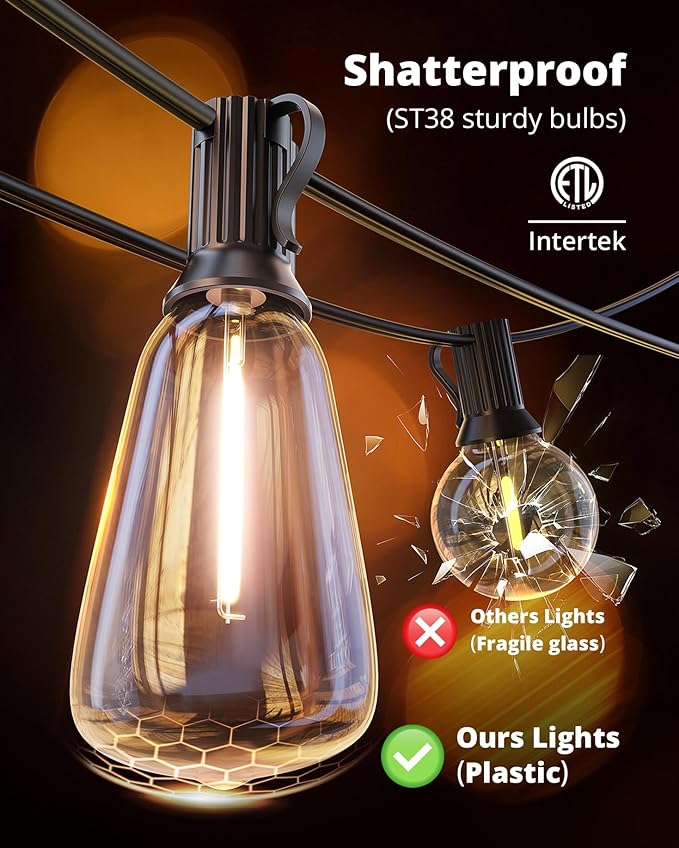 VIPAR Outdoor String Lights 60FT LED Patio Lights LED Waterproof with 26+2 Shatterproof ST38 Edison Bulbs, 2700K Connectable Outside Hanging Light for Porch, Garden, Backyard, Deck, Balcony, Decor VIPAR