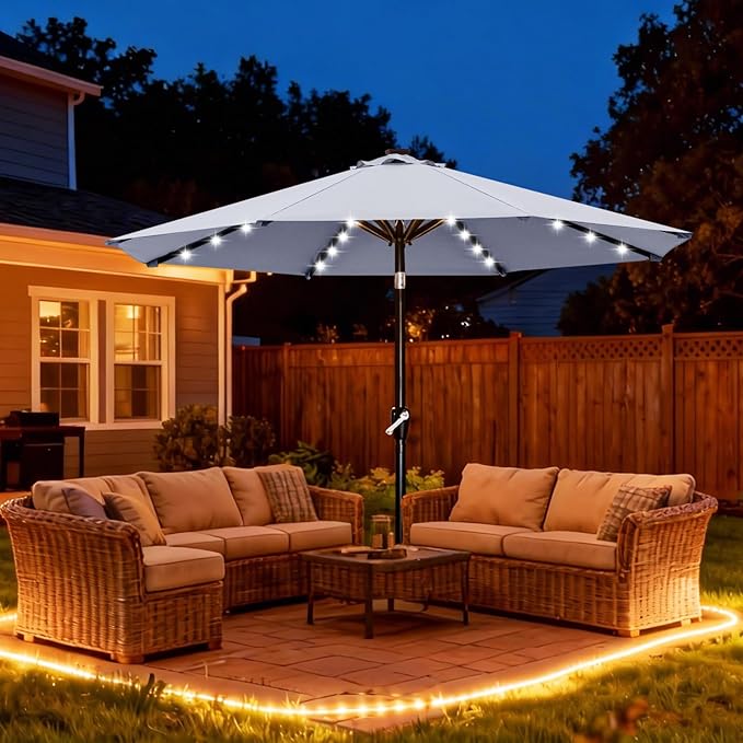 ABCCANOPY Durable Solar Led Patio Umbrellas with 32LED Lights 9FT (Light Gray) ABCCANOPY
