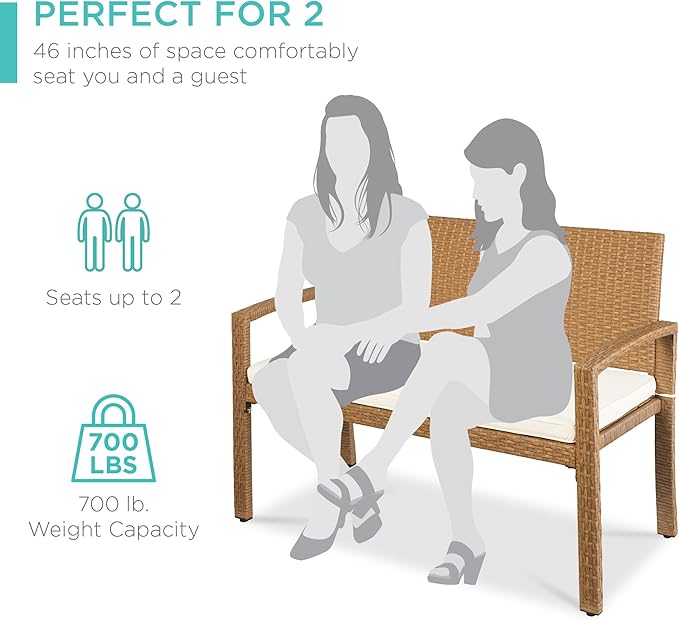 Best Choice Products Outdoor Bench 2-Person Wicker Garden Patio Benches Seating Furniture for Backyard, Porch w/Seat Cushion, 700lb Capacity - Ivory/Natural BestChoiceProducts
